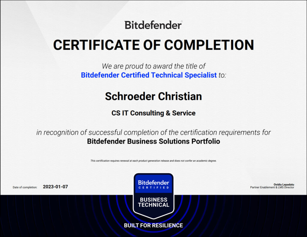Bitdefender Certified Technical Specialist Business Portfolio